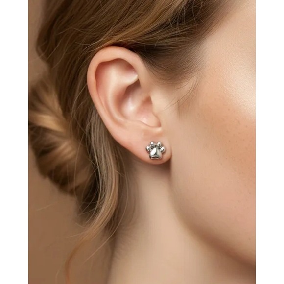 Silver Paw Print Stud Earrings Screw Back Ball Minimalist Pet Jewelry 6mm - Picture 3 of 3